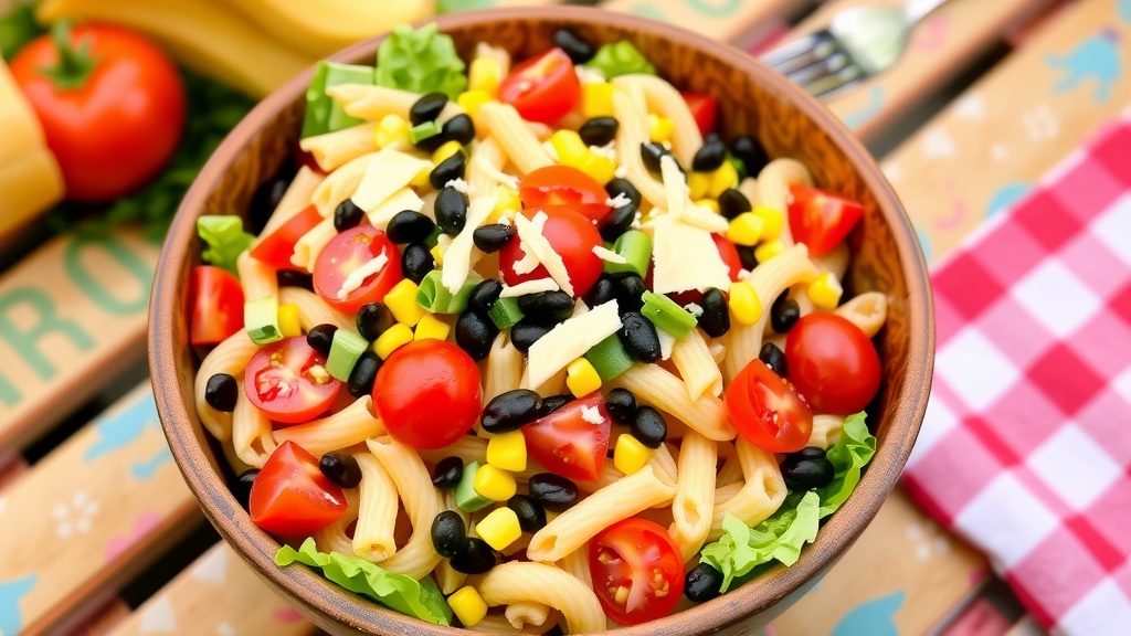 Flavorful Taco Pasta Salad Recipe A vibrant Taco Pasta Salad with cherry tomatoes, corn, black beans, and pasta, garnished with cheese, on a picnic table.